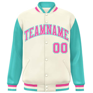 Custom Cream Aqua-Pink Varsity Full-Snap Raglan Sleeves Letterman Baseball Jacket