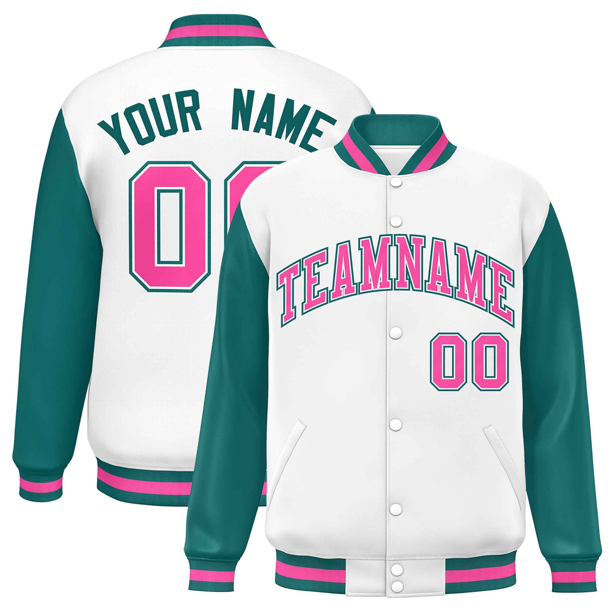 Custom White Aqua-Pink Varsity Full-Snap Raglan Sleeves Letterman Baseball Jacket