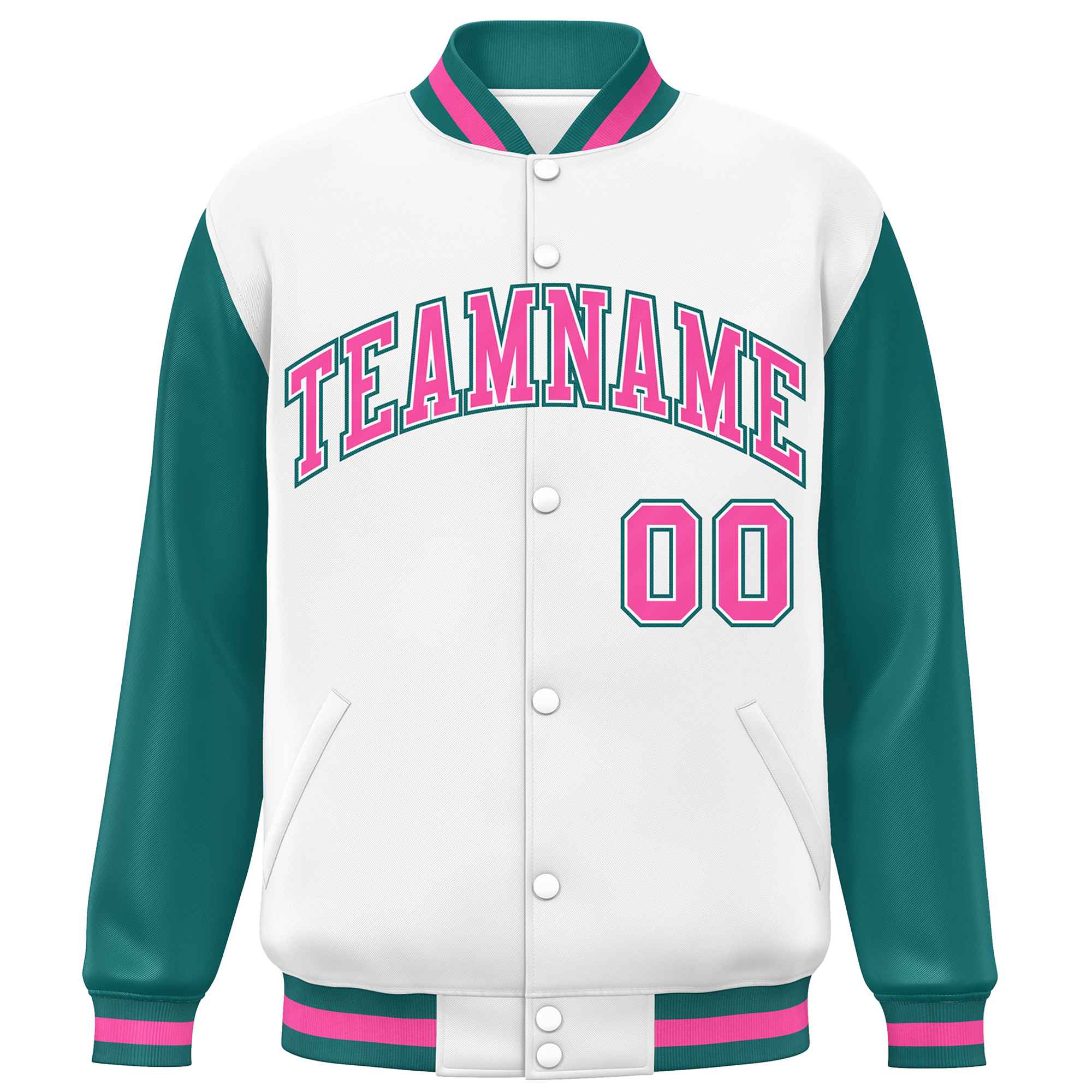 Custom White Aqua-Pink Varsity Full-Snap Raglan Sleeves Letterman Baseball Jacket