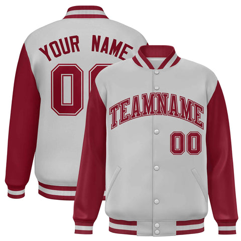 Custom Light Gray Crimson Varsity Full-Snap Raglan Sleeves Letterman Baseball Jacket