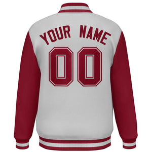 Custom Light Gray Crimson Varsity Full-Snap Raglan Sleeves Letterman Baseball Jacket