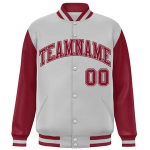 Custom Light Gray Crimson Varsity Full-Snap Raglan Sleeves Letterman Baseball Jacket