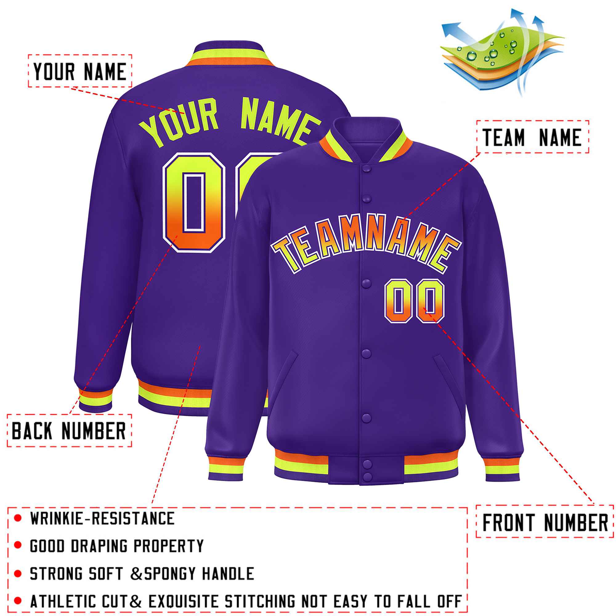 Custom Purple Varsity Full-Snap Gradient Font Letterman Baseball Jacket