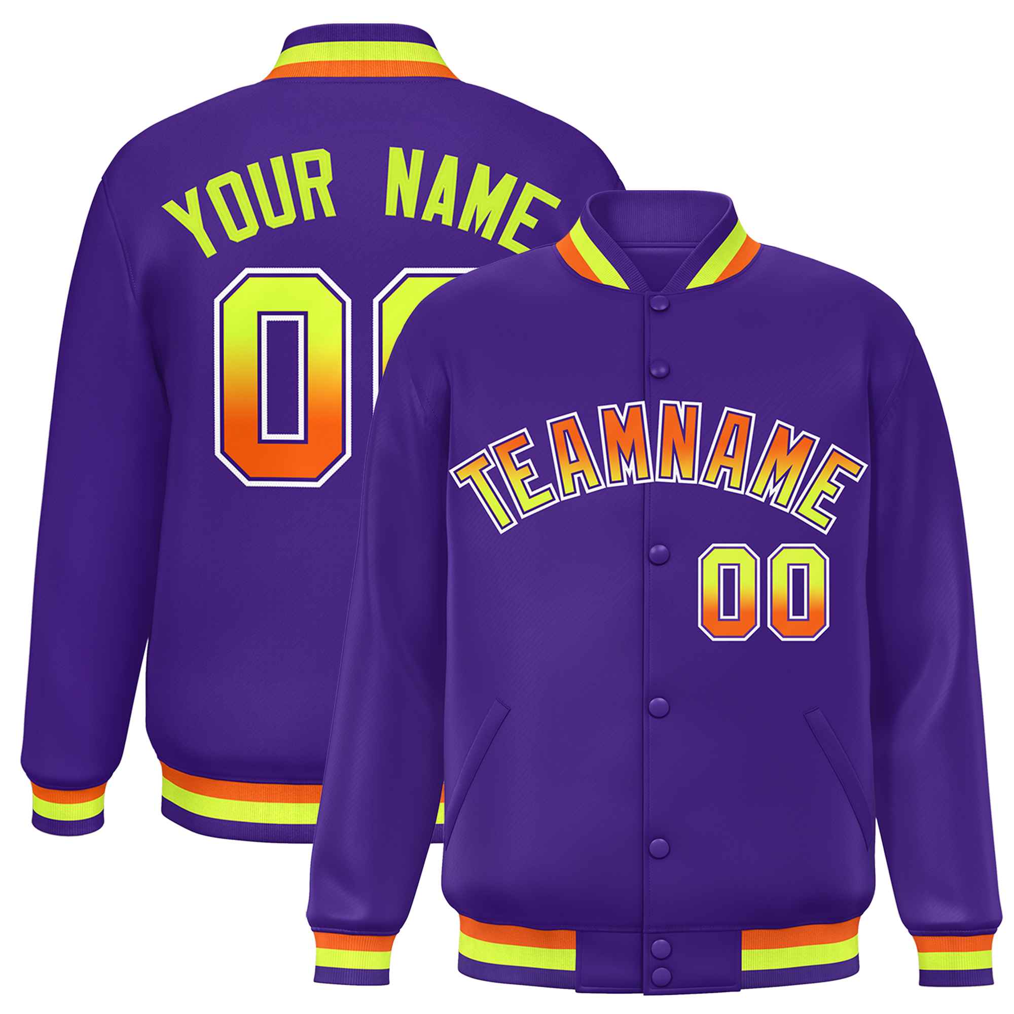 Custom Purple Varsity Full-Snap Gradient Font Letterman Baseball Jacket