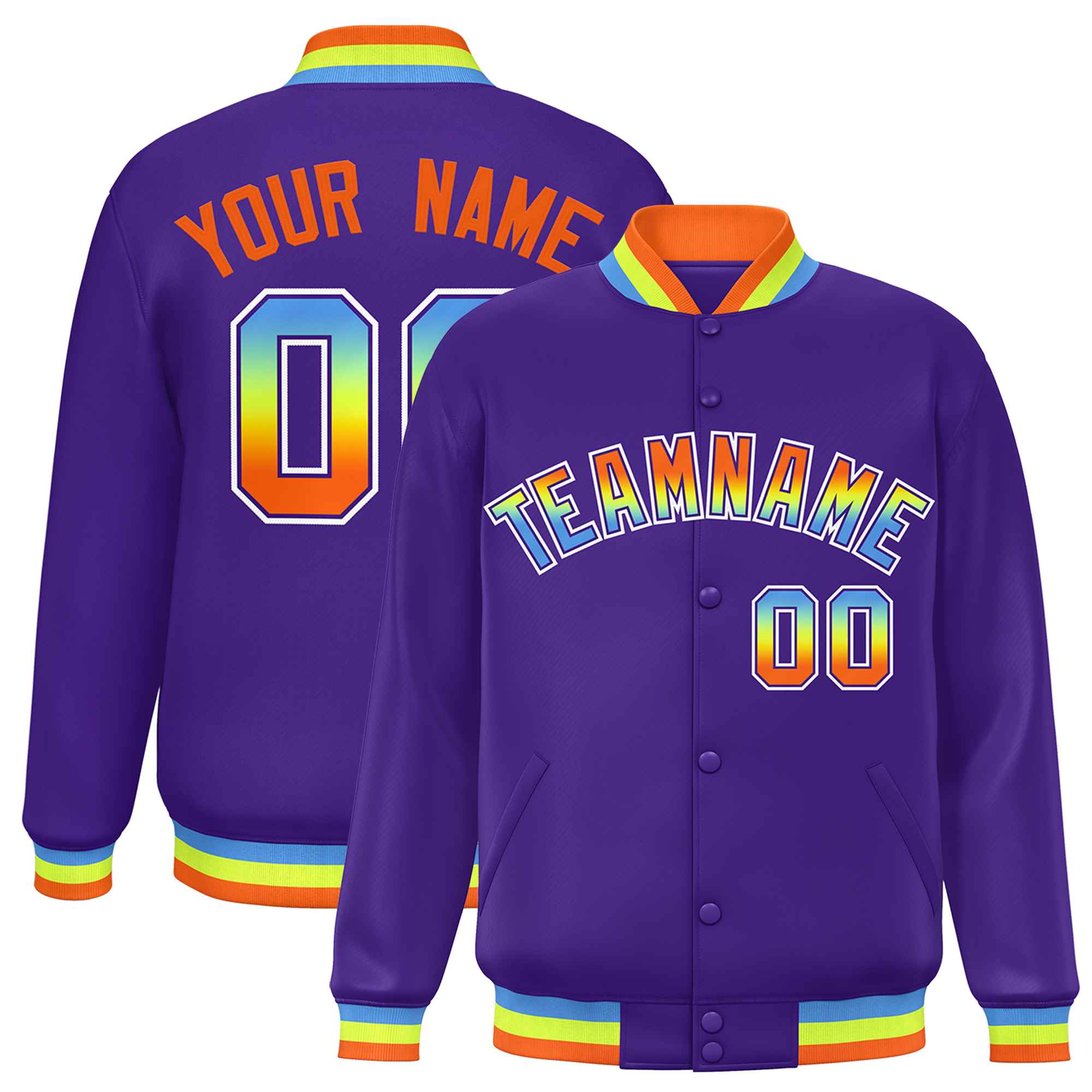 Custom Purple Varsity Full-Snap Gradient Font Letterman Baseball Jacket