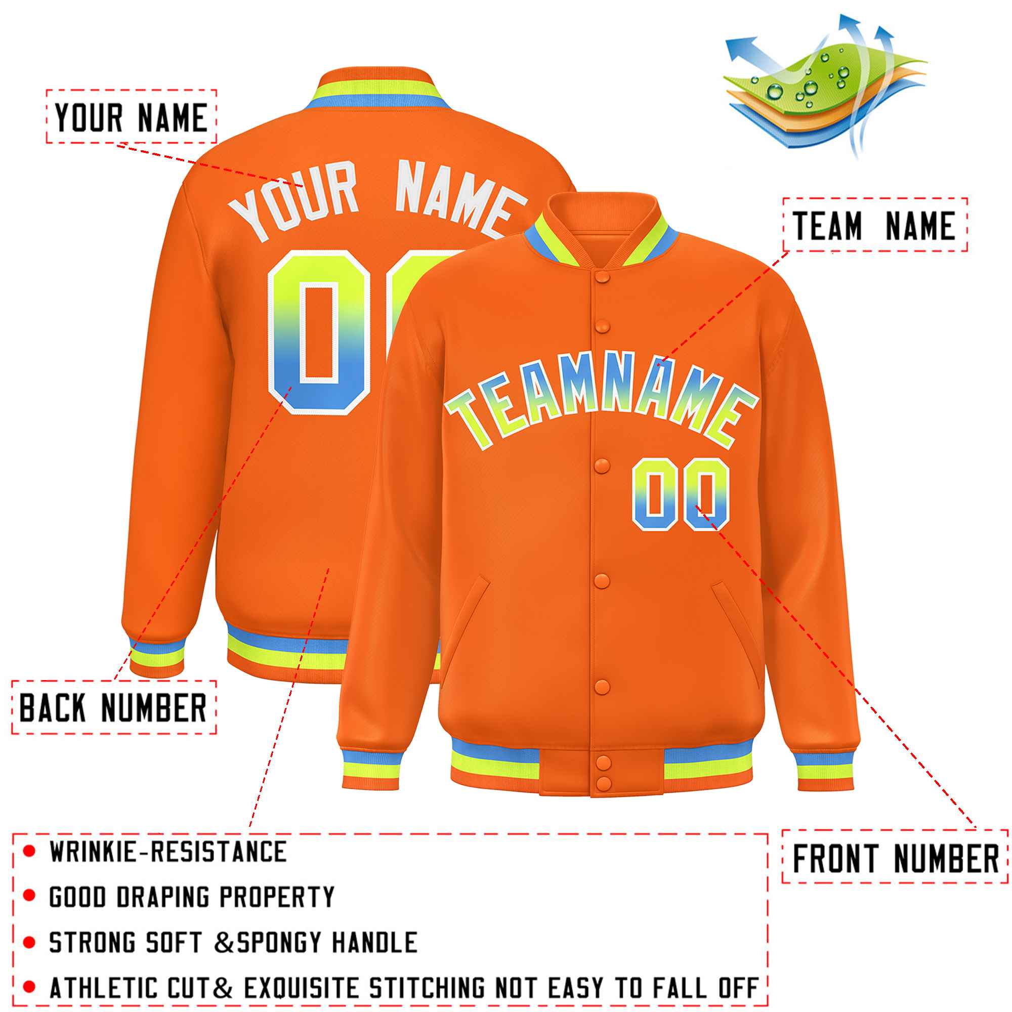 Custom Orange Varsity Full-Snap Gradient Font Letterman Baseball Jacket