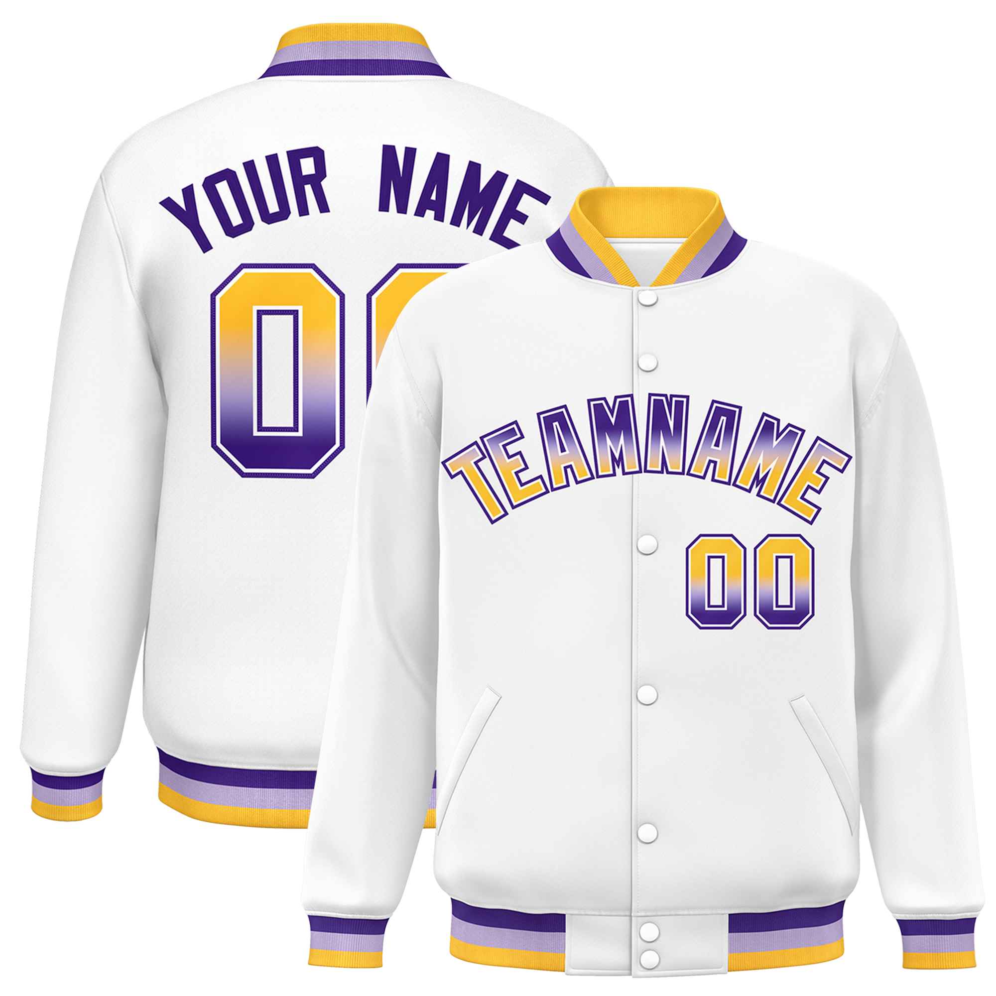 Custom White Varsity Full-Snap Gradient Font Letterman Baseball Jacket