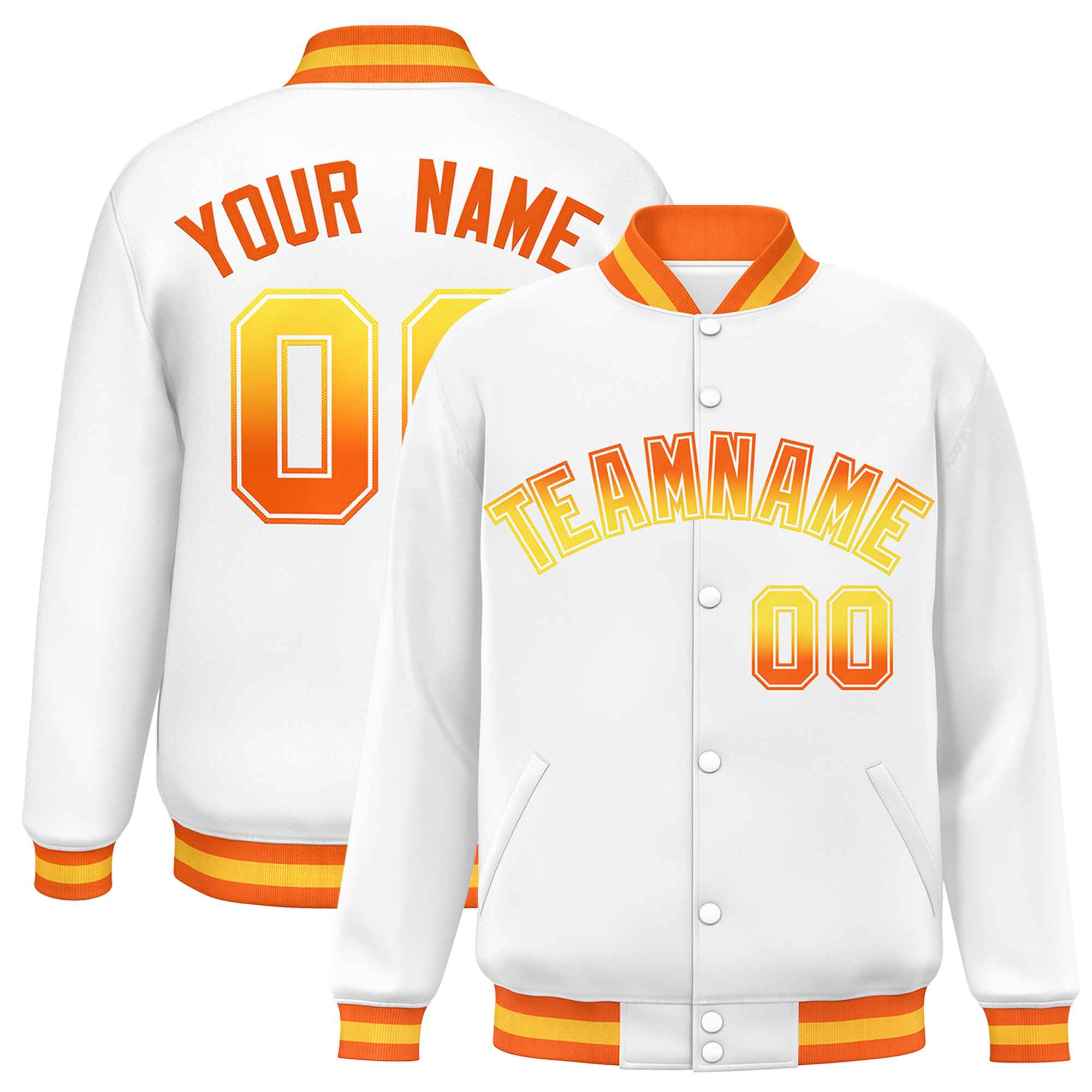 Custom White Varsity Full-Snap Gradient Font Letterman Baseball Jacket