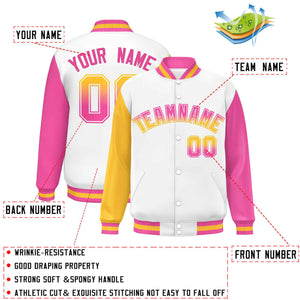 Custom White Gold-Pink Varsity Full-Snap Raglan Sleeves Letterman Baseball Jacket