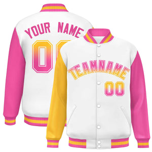 Custom White Gold-Pink Varsity Full-Snap Raglan Sleeves Letterman Baseball Jacket