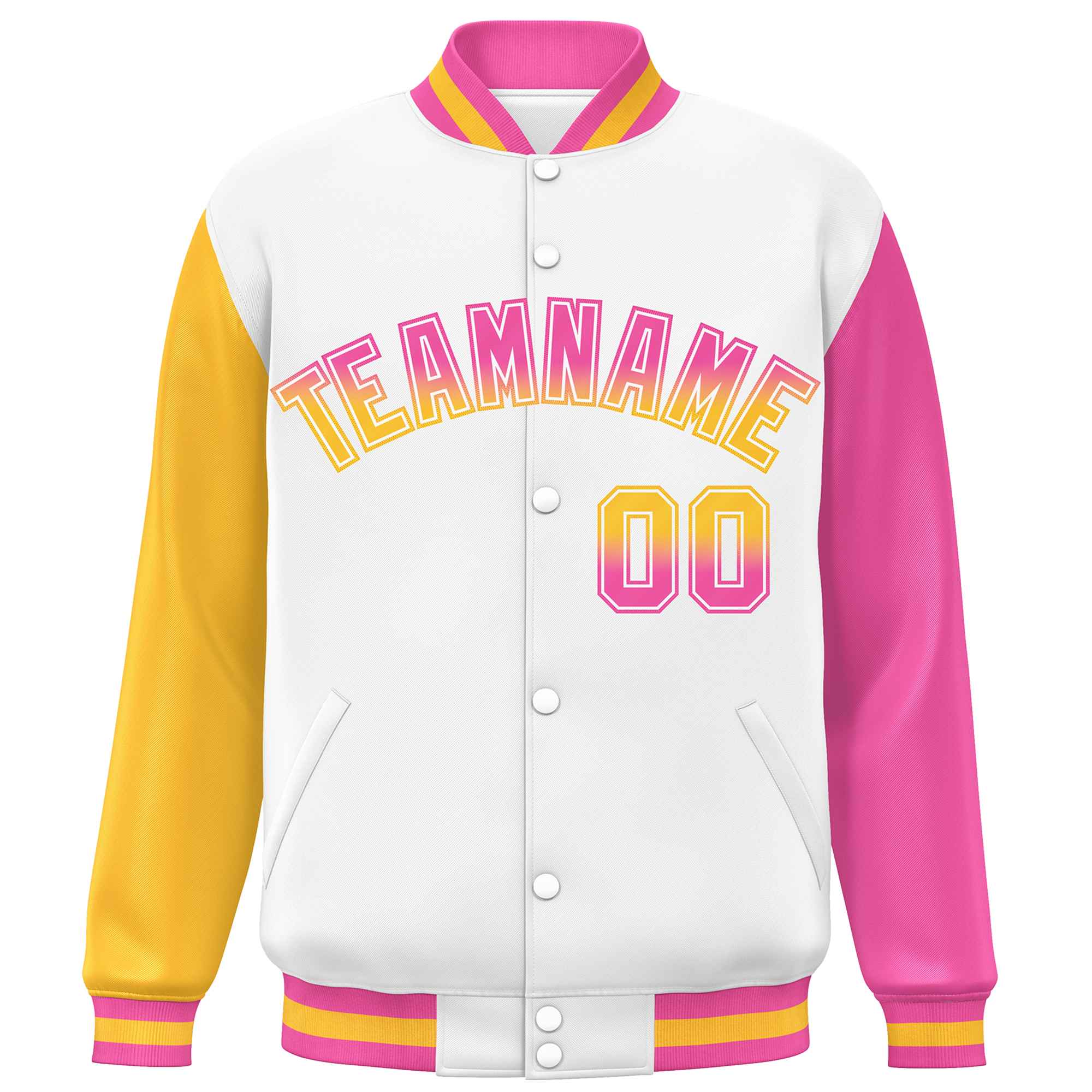 Custom White Gold-Pink Varsity Full-Snap Raglan Sleeves Letterman Baseball Jacket