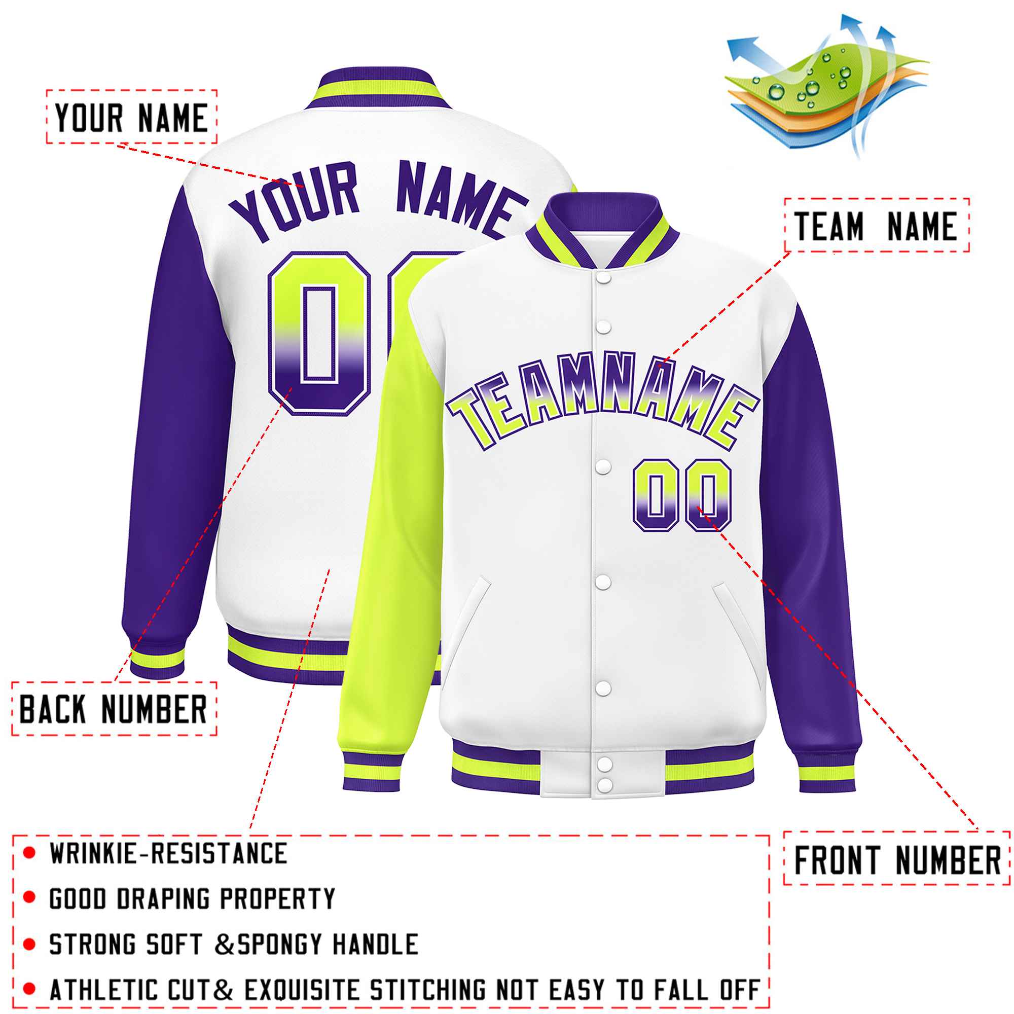 Custom White Neon Green-Purple Varsity Full-Snap Raglan Sleeves Letterman Baseball Jacket