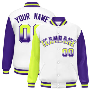 Custom White Neon Green-Purple Varsity Full-Snap Raglan Sleeves Letterman Baseball Jacket