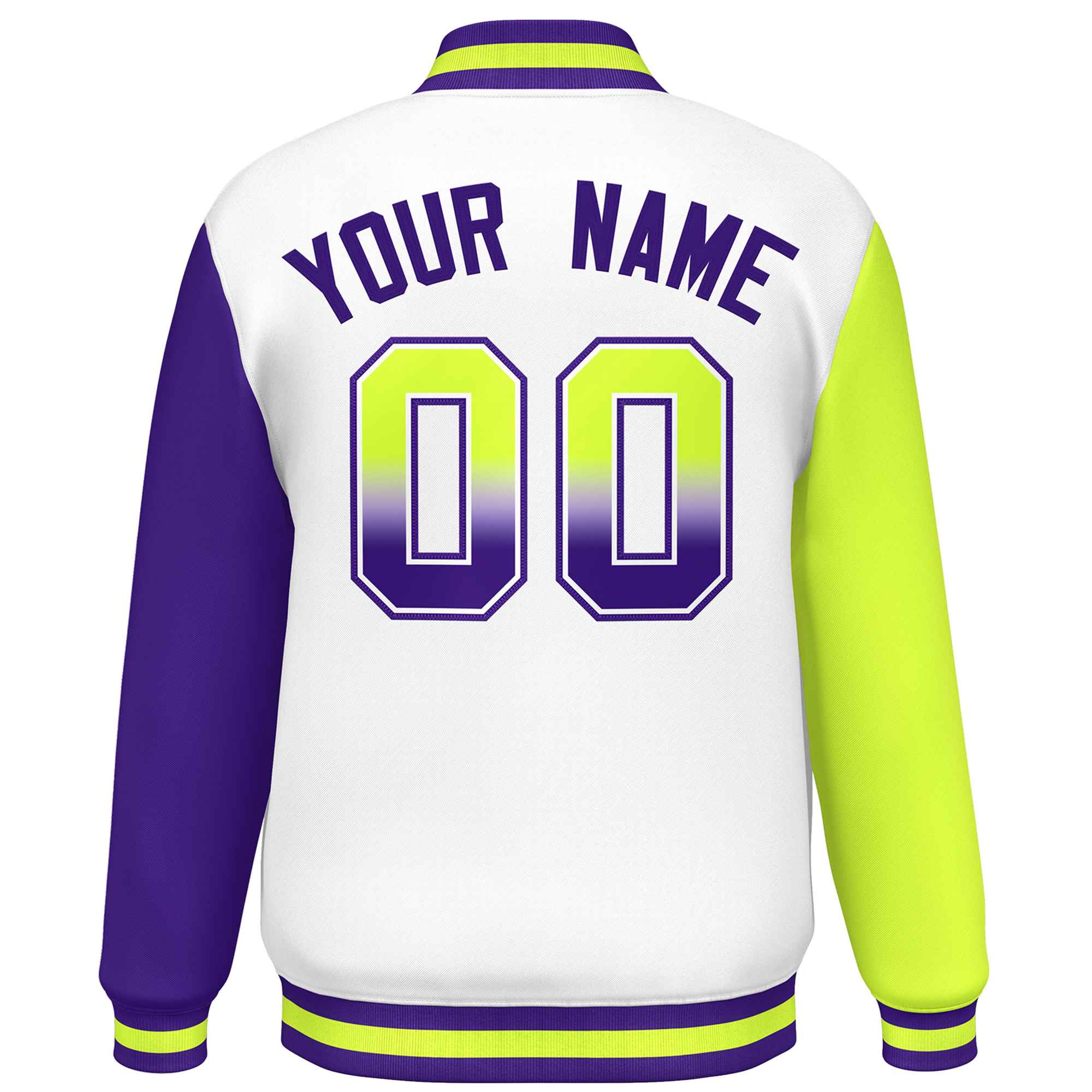 Custom White Neon Green-Purple Varsity Full-Snap Raglan Sleeves Letterman Baseball Jacket