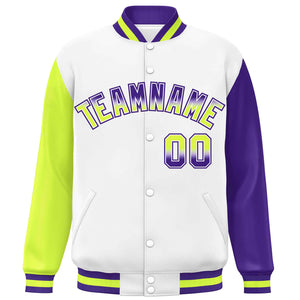 Custom White Neon Green-Purple Varsity Full-Snap Raglan Sleeves Letterman Baseball Jacket