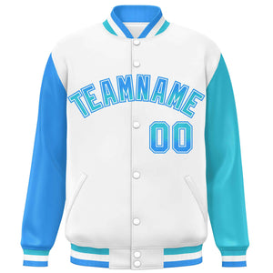 Custom White Powder Blue-Sky Blue Varsity Full-Snap Raglan Sleeves Letterman Baseball Jacket