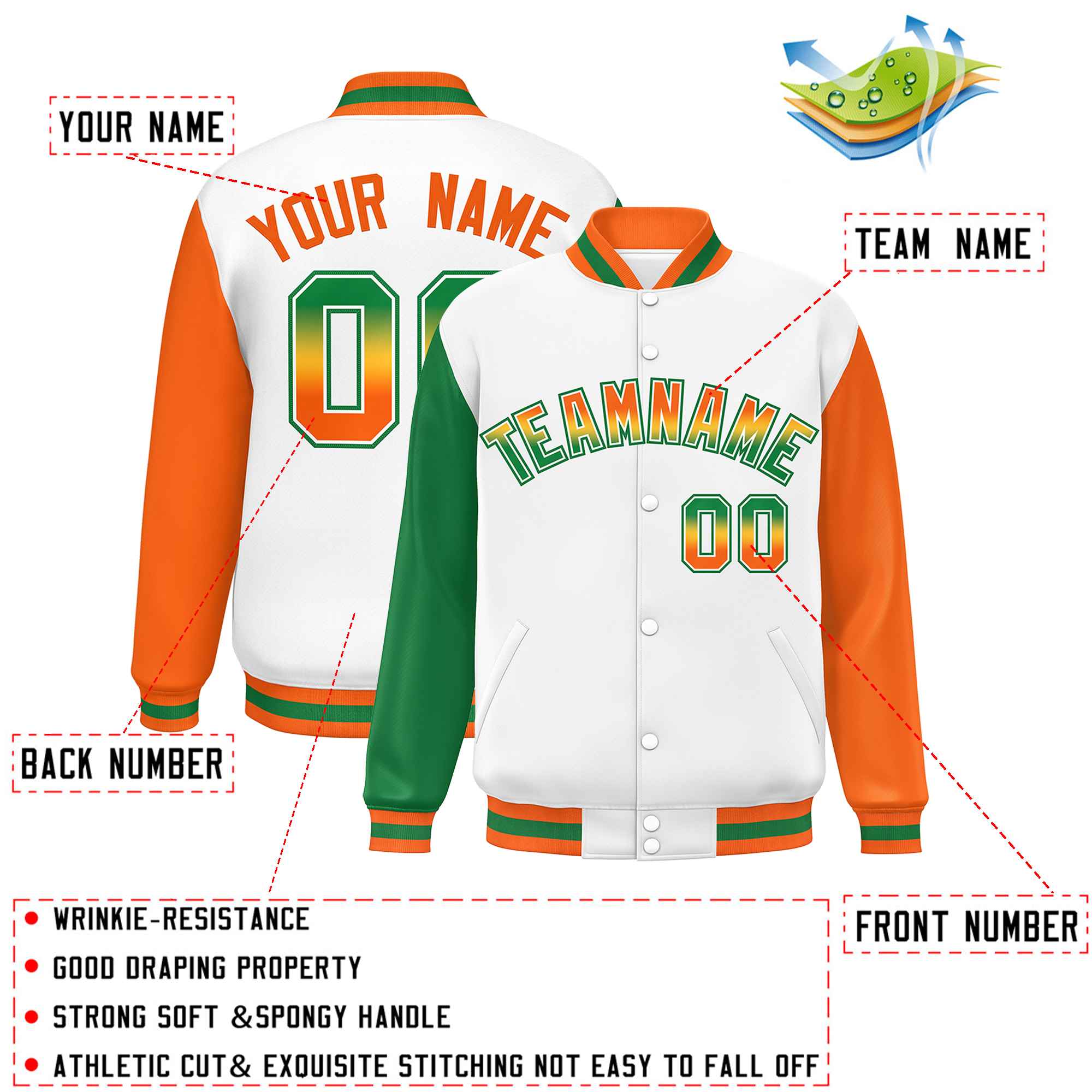 Custom White Kelly Green-Orange Varsity Full-Snap Raglan Sleeves Letterman Baseball Jacket