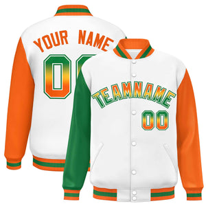 Custom White Kelly Green-Orange Varsity Full-Snap Raglan Sleeves Letterman Baseball Jacket