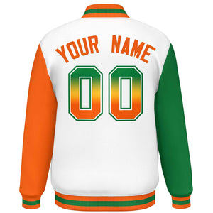 Custom White Kelly Green-Orange Varsity Full-Snap Raglan Sleeves Letterman Baseball Jacket