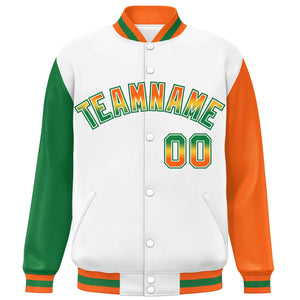 Custom White Kelly Green-Orange Varsity Full-Snap Raglan Sleeves Letterman Baseball Jacket