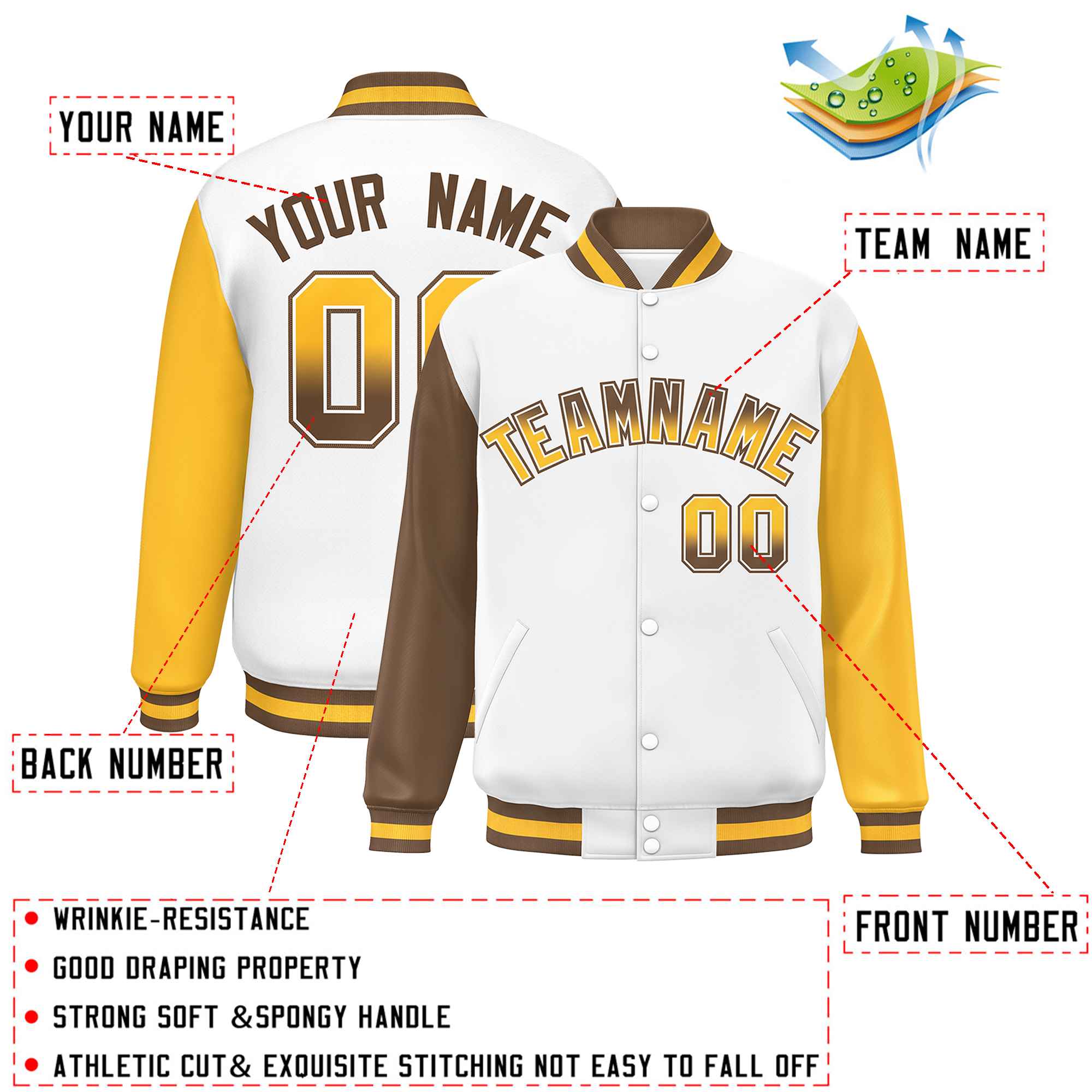 Custom White Light Brown-Gold Varsity Full-Snap Raglan Sleeves Letterman Baseball Jacket