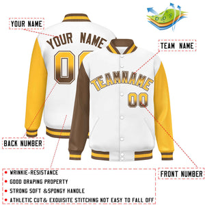 Custom White Light Brown-Gold Varsity Full-Snap Raglan Sleeves Letterman Baseball Jacket