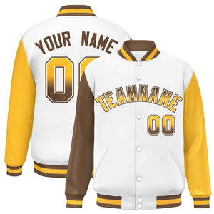 Custom White Light Brown-Gold Varsity Full-Snap Raglan Sleeves Letterman Baseball Jacket