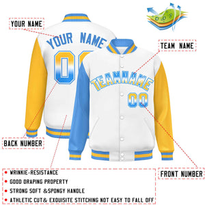 Custom White Powder Blue-Gold Varsity Full-Snap Raglan Sleeves Letterman Baseball Jacket