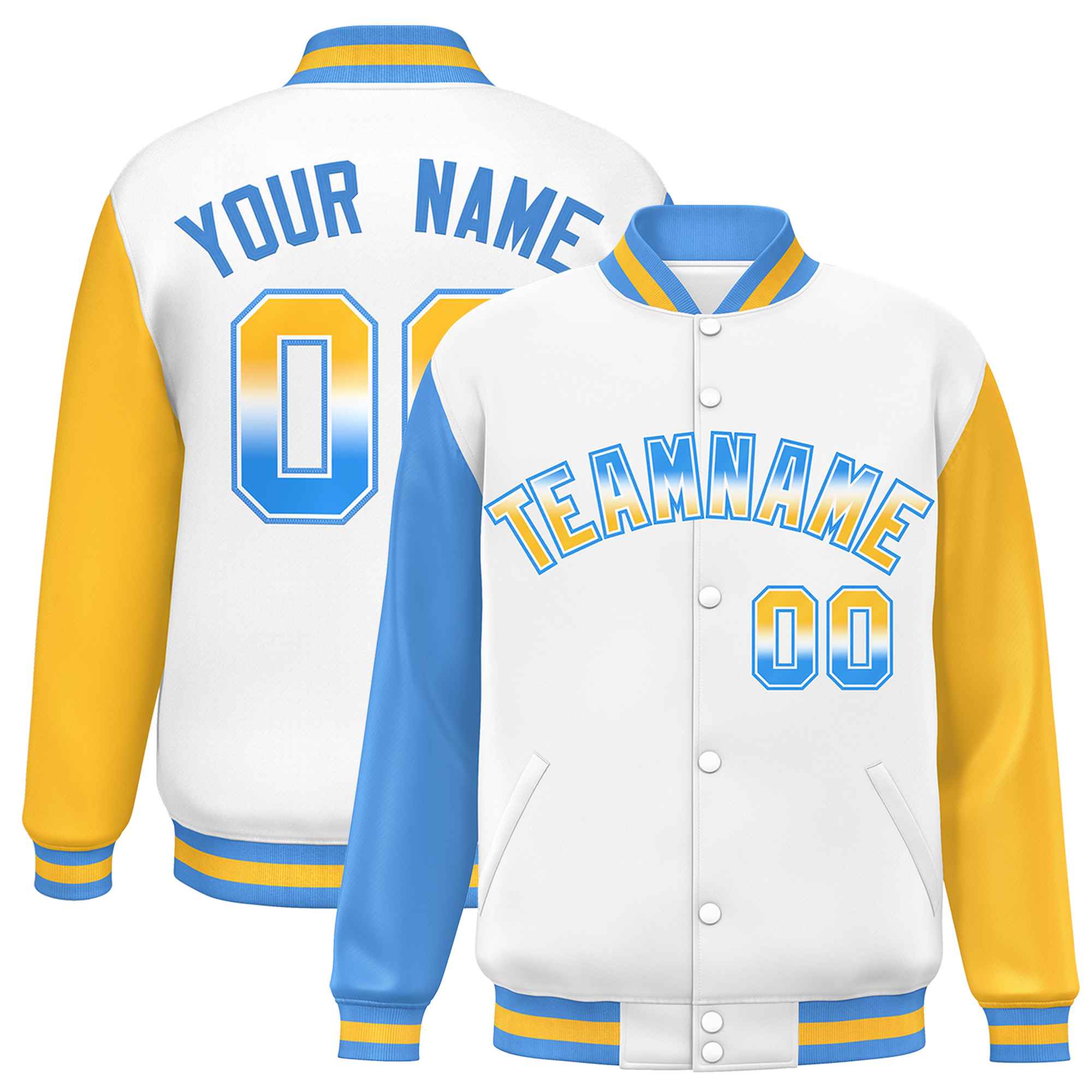 Custom White Powder Blue-Gold Varsity Full-Snap Raglan Sleeves Letterman Baseball Jacket