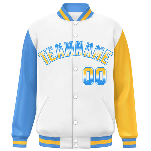 Custom White Powder Blue-Gold Varsity Full-Snap Raglan Sleeves Letterman Baseball Jacket