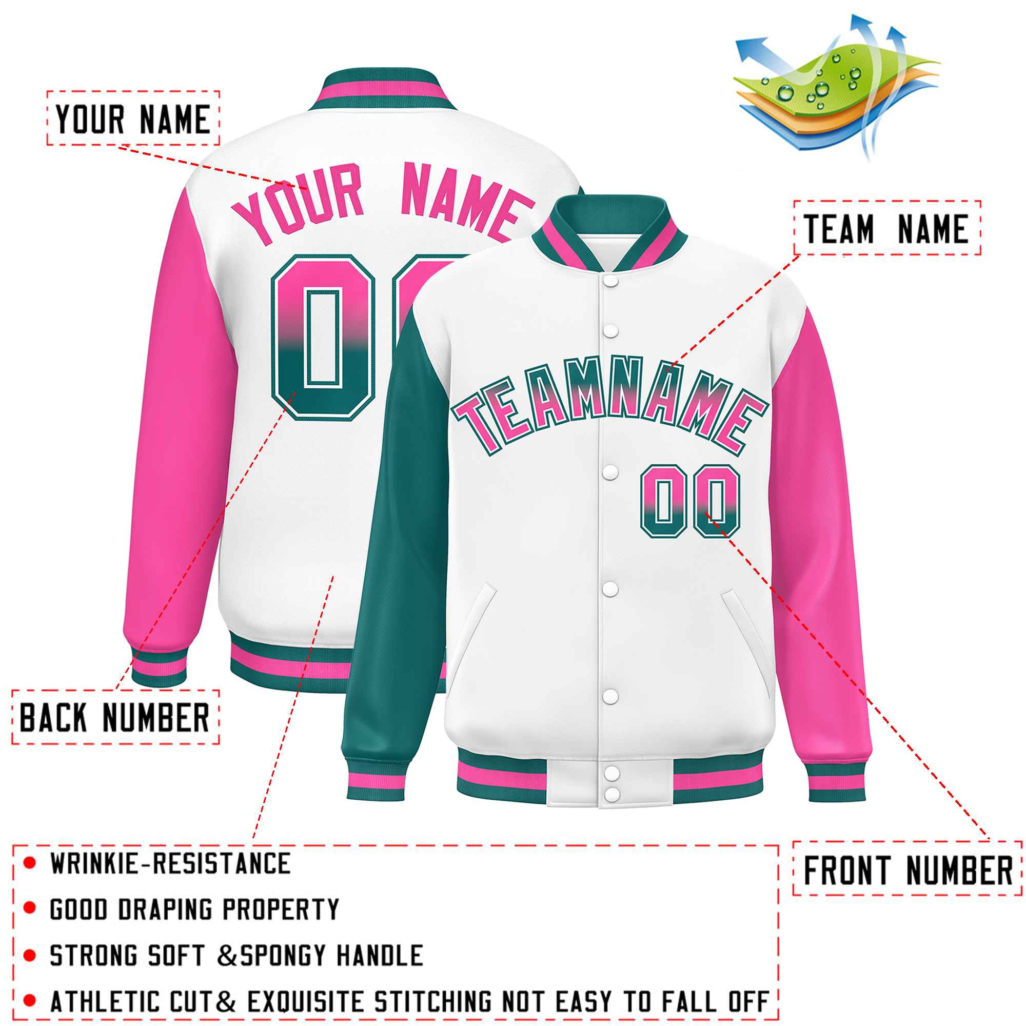 Custom White Aqua-Pink Varsity Full-Snap Raglan Sleeves Letterman Baseball Jacket