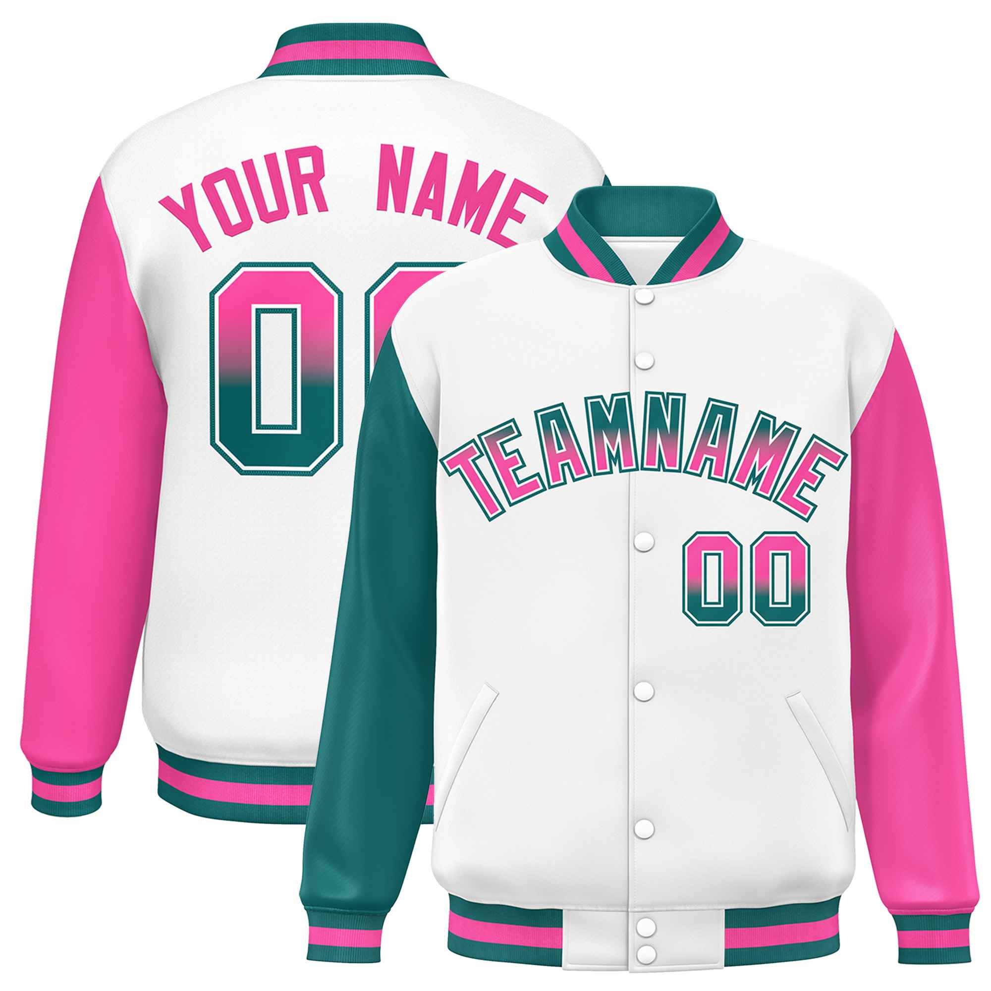 Custom White Aqua-Pink Varsity Full-Snap Raglan Sleeves Letterman Baseball Jacket