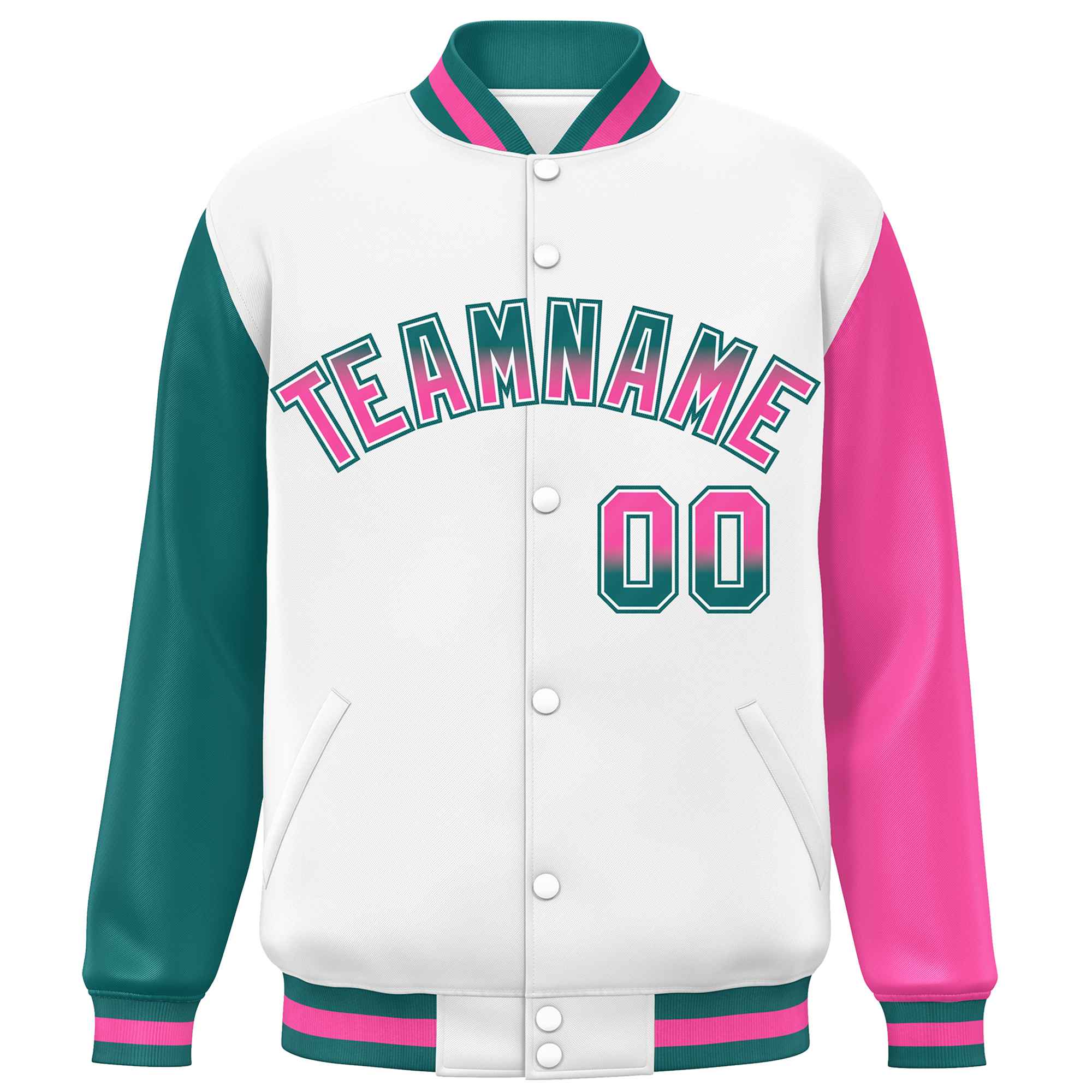 Custom White Aqua-Pink Varsity Full-Snap Raglan Sleeves Letterman Baseball Jacket