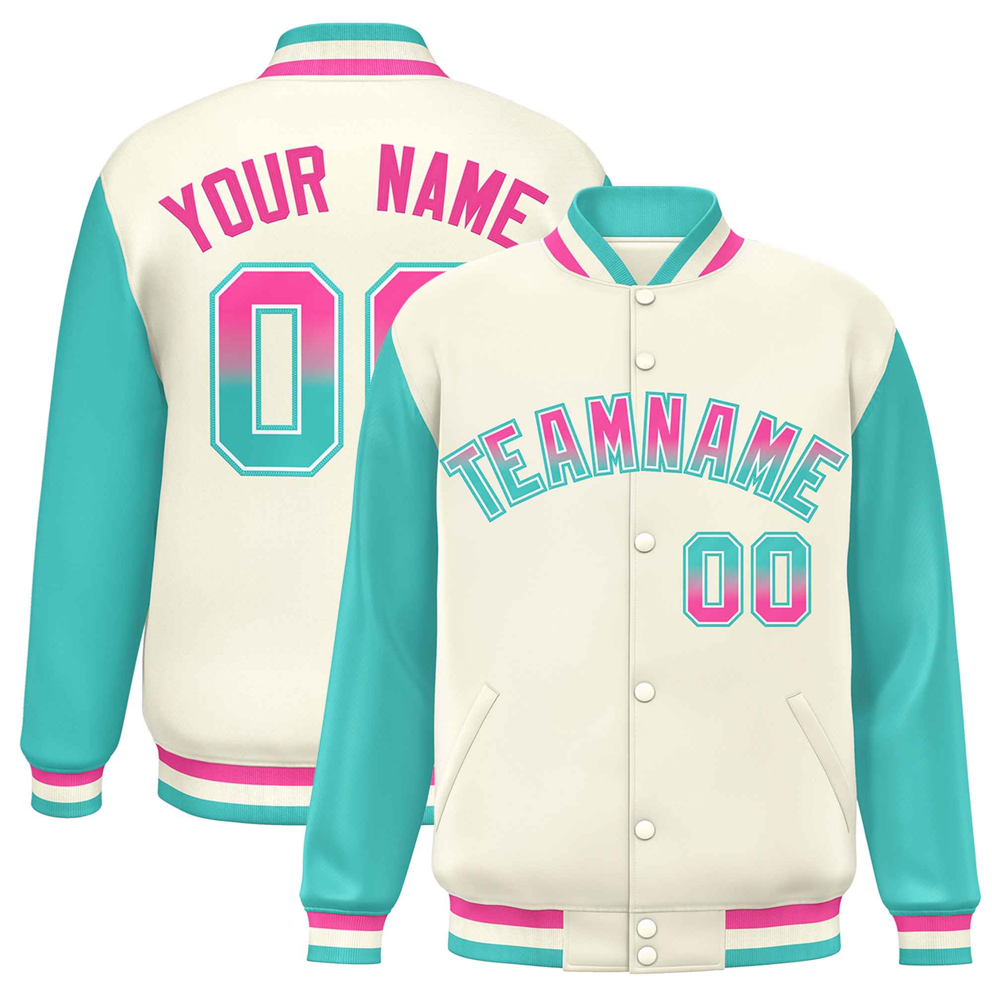 Custom Cream Aqua Varsity Full-Snap Raglan Sleeves Letterman Baseball Jacket