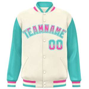 Custom Cream Aqua Varsity Full-Snap Raglan Sleeves Letterman Baseball Jacket