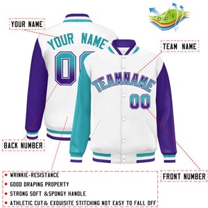 Custom White Aqua-Purple Varsity Full-Snap Raglan Sleeves Letterman Baseball Jacket