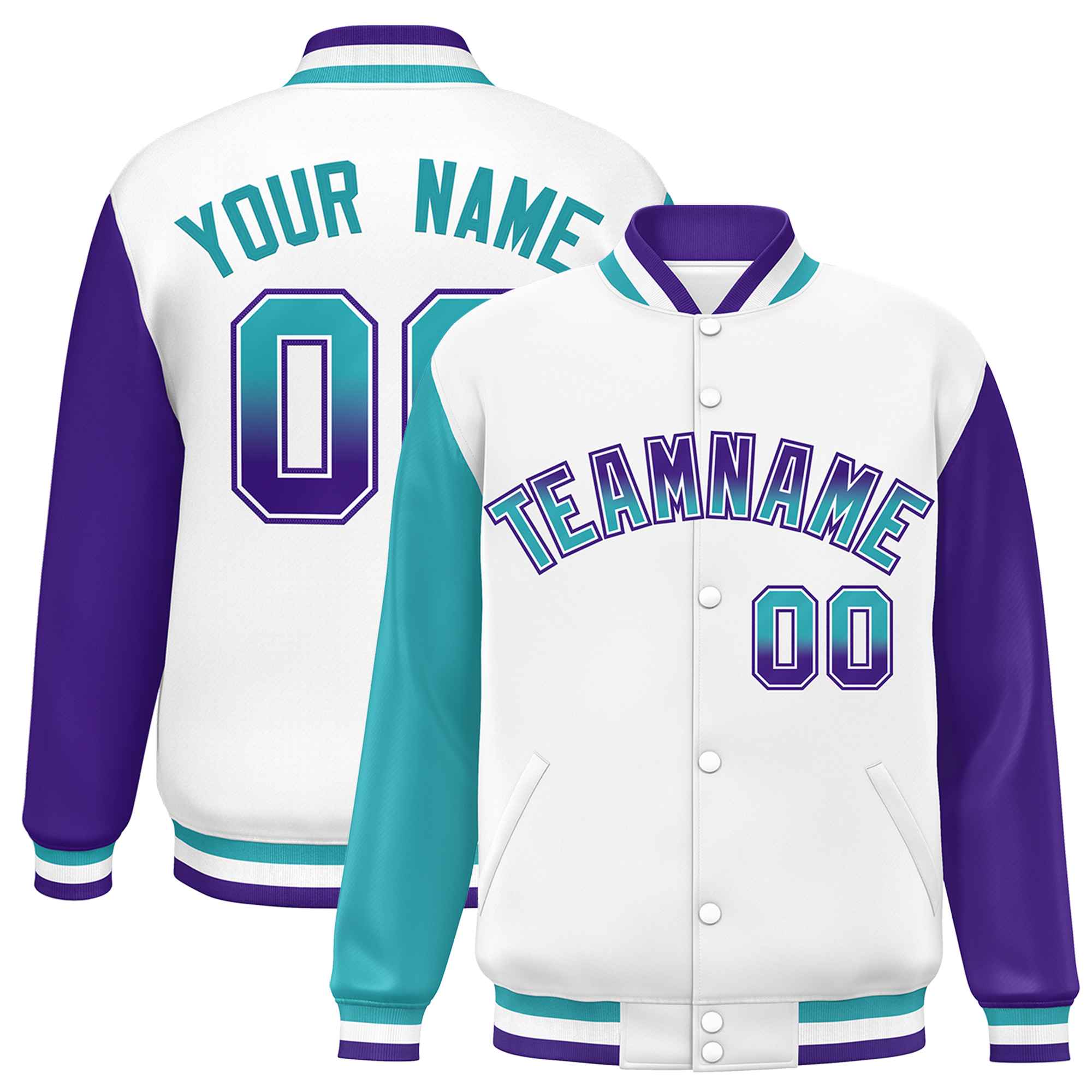 Custom White Aqua-Purple Varsity Full-Snap Raglan Sleeves Letterman Baseball Jacket