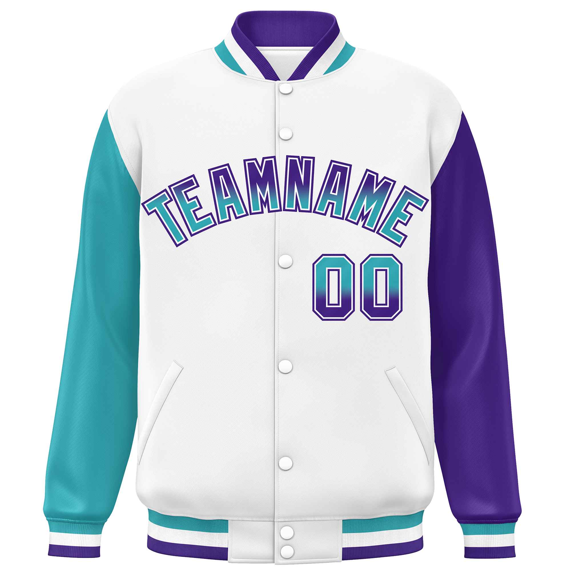 Custom White Aqua-Purple Varsity Full-Snap Raglan Sleeves Letterman Baseball Jacket