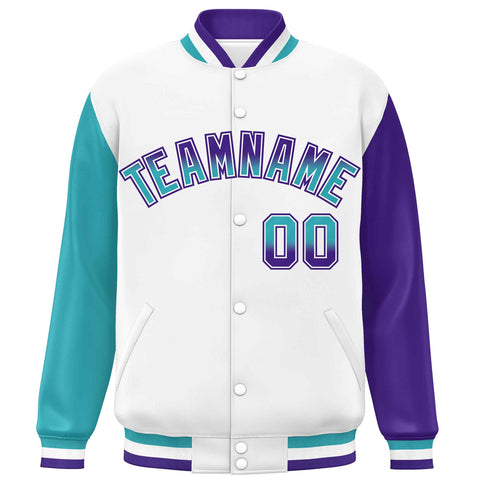 Custom White Aqua-Purple Varsity Full-Snap Raglan Sleeves Letterman Baseball Jacket