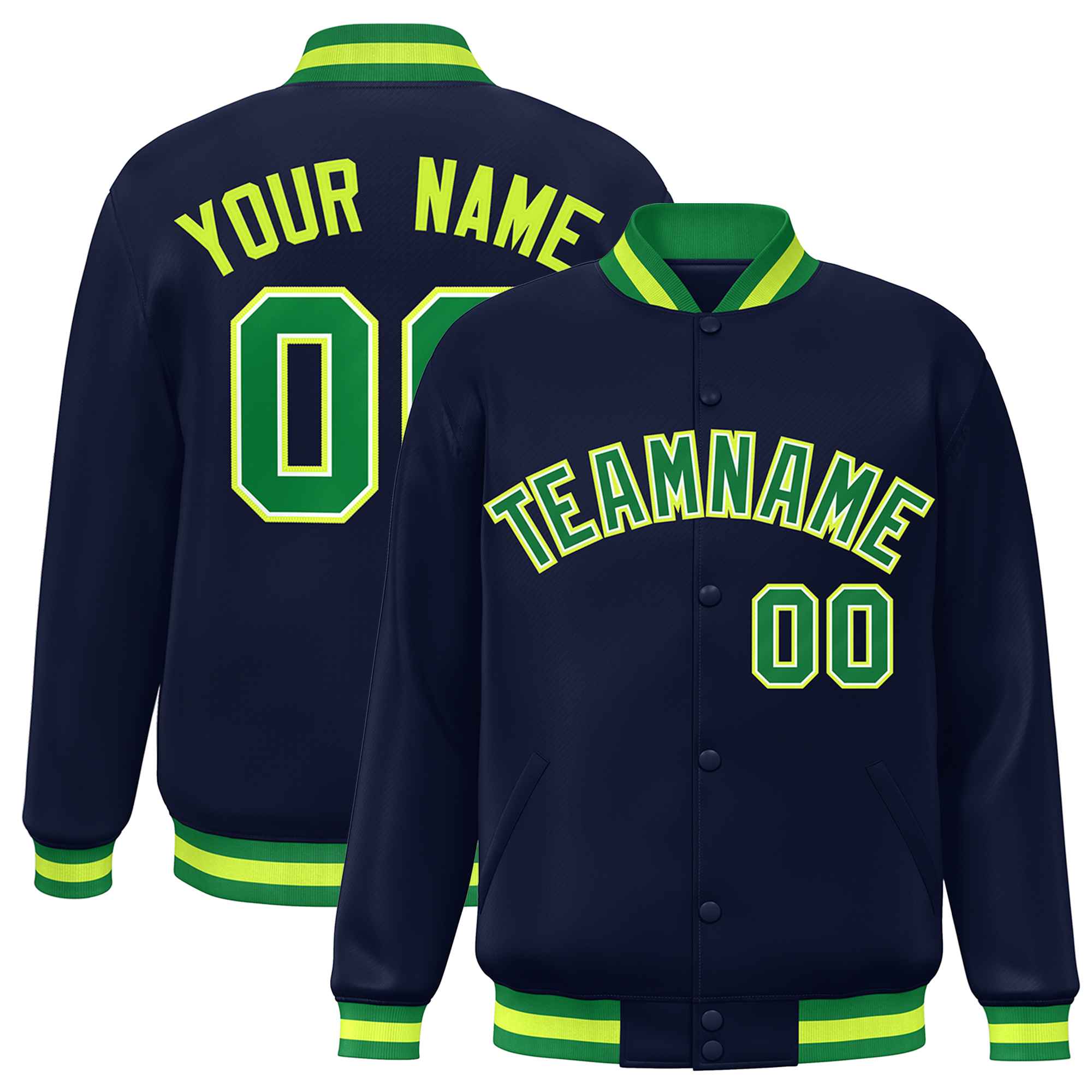 Custom Navy Kelly Green Varsity Full-Snap Classic Style Letterman Baseball Jacket