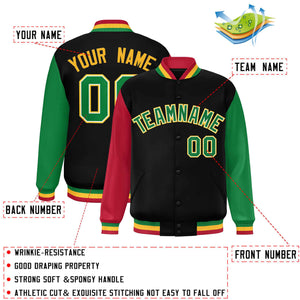 Custom Black Red-Kelly Green Varsity Full-Snap Raglan Sleeves Letterman Baseball Jacket