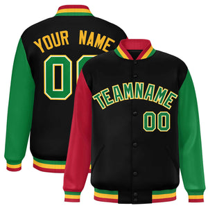 Custom Black Red-Kelly Green Varsity Full-Snap Raglan Sleeves Letterman Baseball Jacket