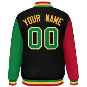 Custom Black Red-Kelly Green Varsity Full-Snap Raglan Sleeves Letterman Baseball Jacket