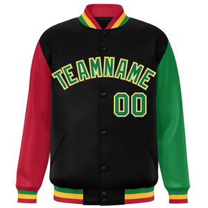 Custom Black Red-Kelly Green Varsity Full-Snap Raglan Sleeves Letterman Baseball Jacket