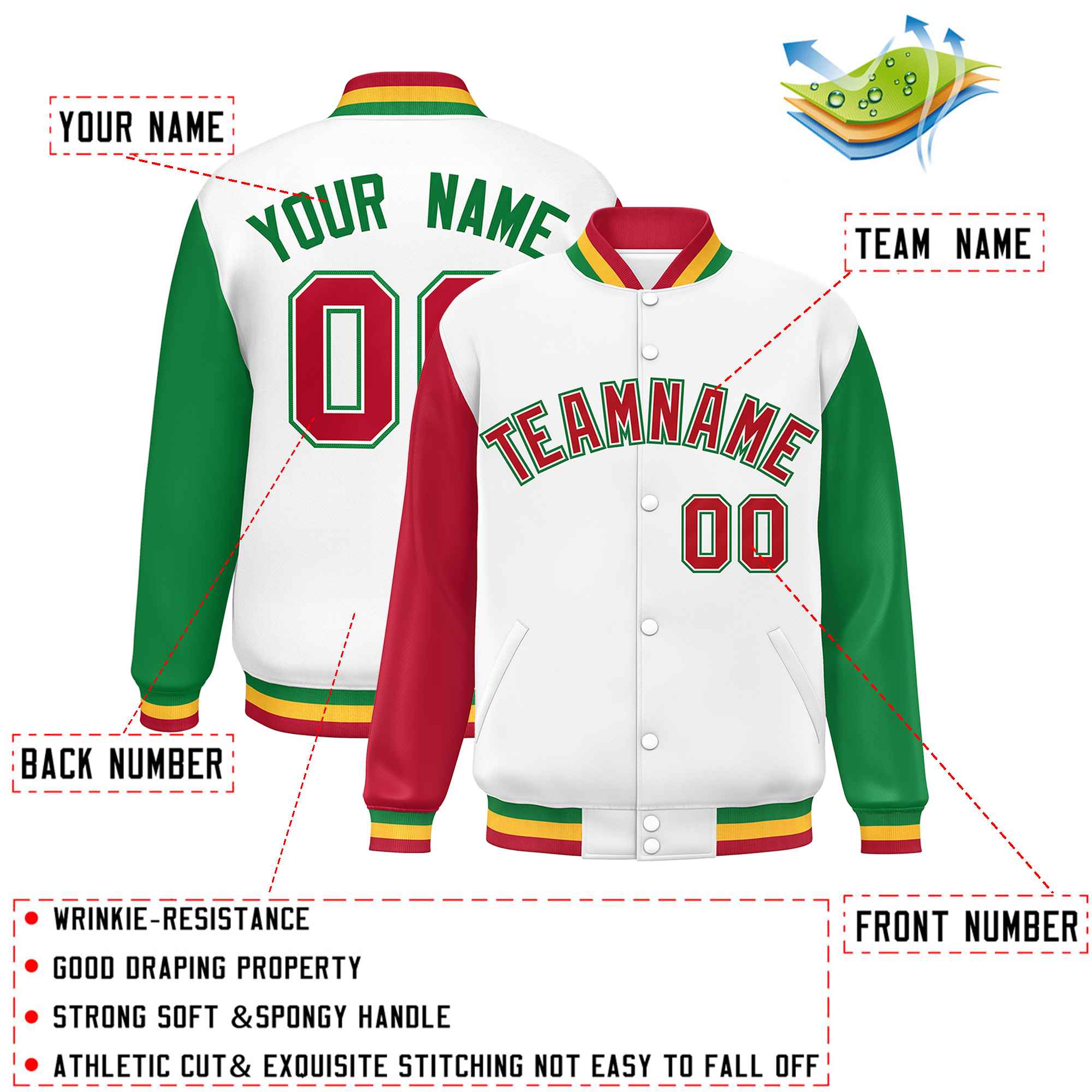 Custom White Red-Kelly Green Varsity Full-Snap Raglan Sleeves Letterman Baseball Jacket