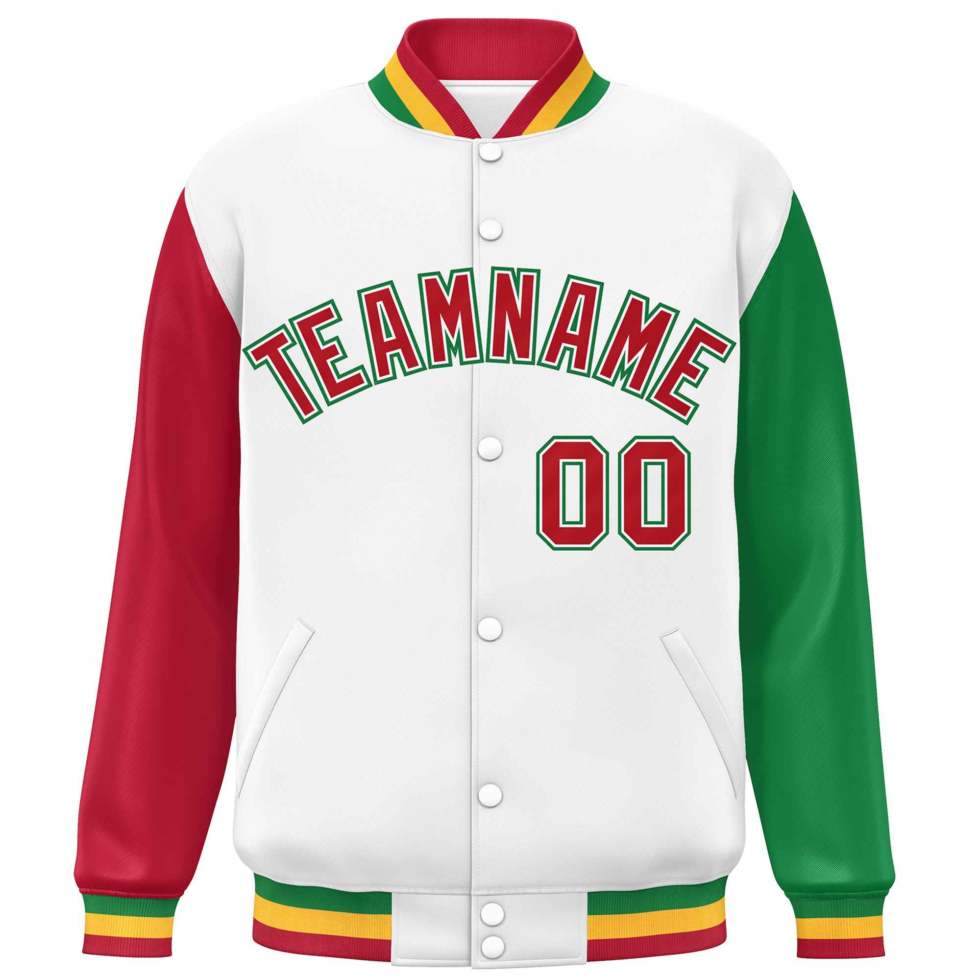 Custom White Red-Kelly Green Varsity Full-Snap Raglan Sleeves Letterman Baseball Jacket