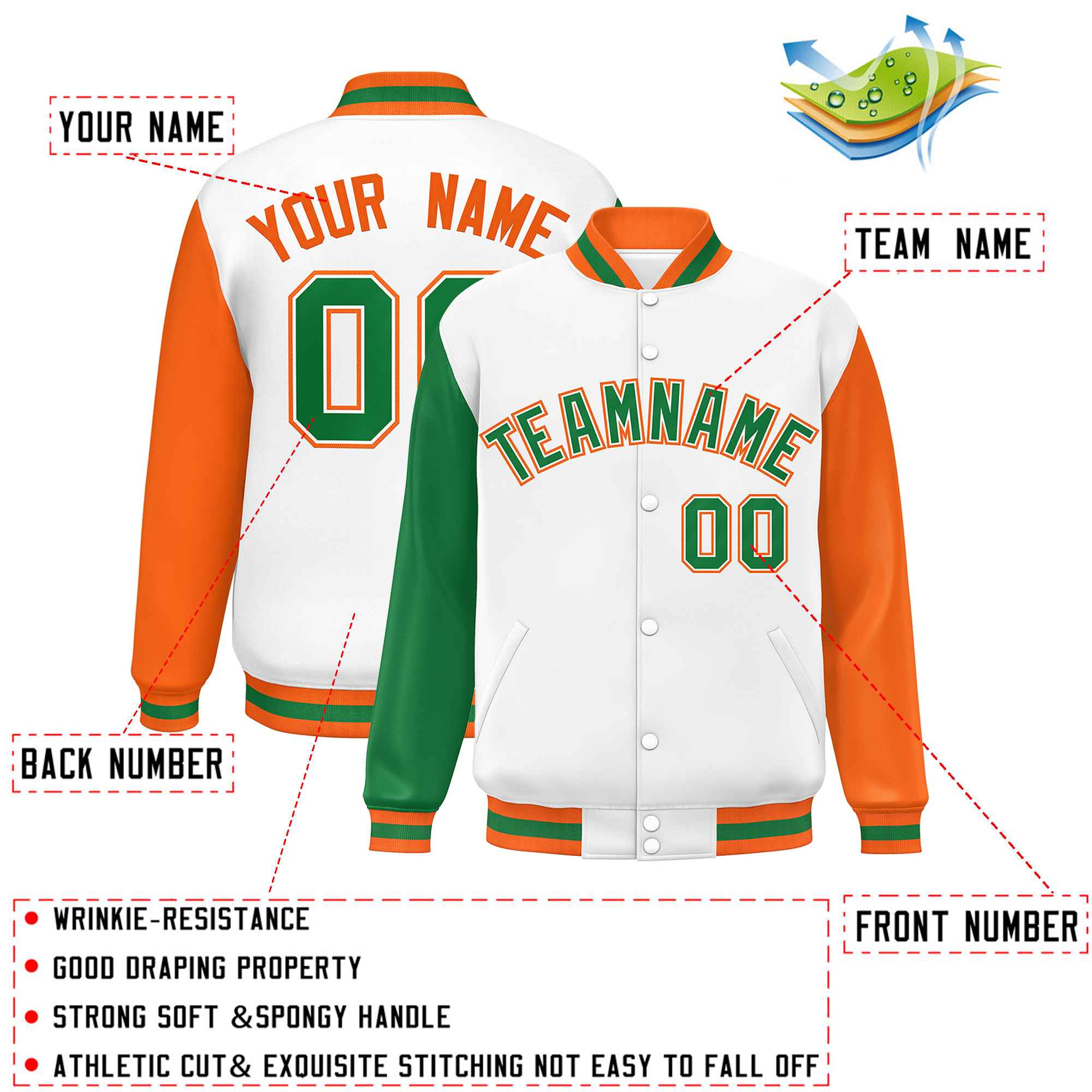 Custom White Kelly Green-Orange Varsity Full-Snap Raglan Sleeves Letterman Baseball Jacket