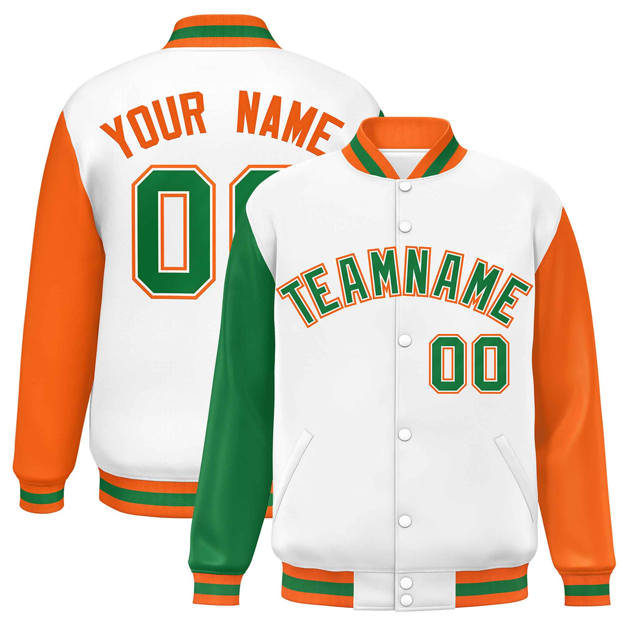 Custom White Kelly Green-Orange Varsity Full-Snap Raglan Sleeves Letterman Baseball Jacket