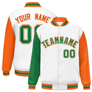 Custom White Kelly Green-Orange Varsity Full-Snap Raglan Sleeves Letterman Baseball Jacket