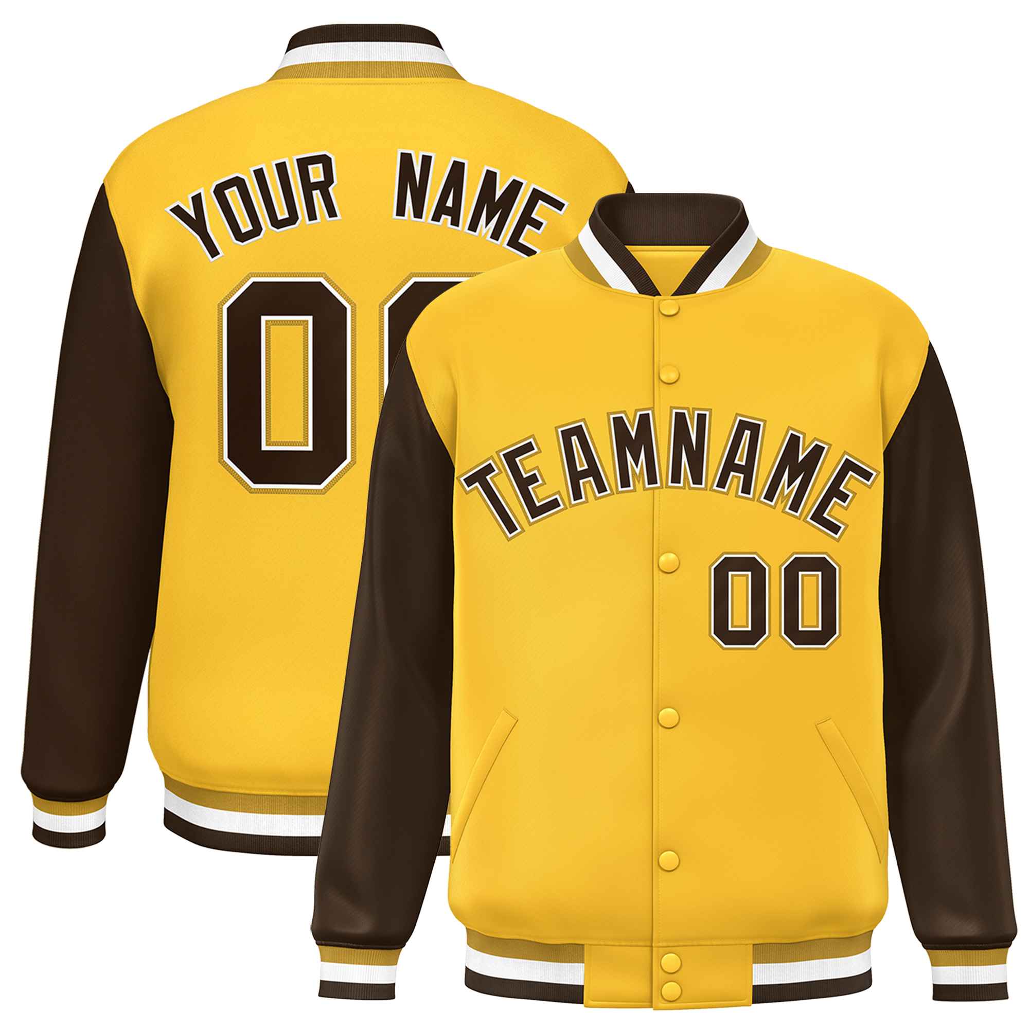 Custom Gold Brown Varsity Full-Snap Raglan Sleeves Letterman Baseball Jacket